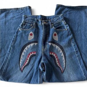 Bape Blue Denim Shark Face Wide-Leg Jeans